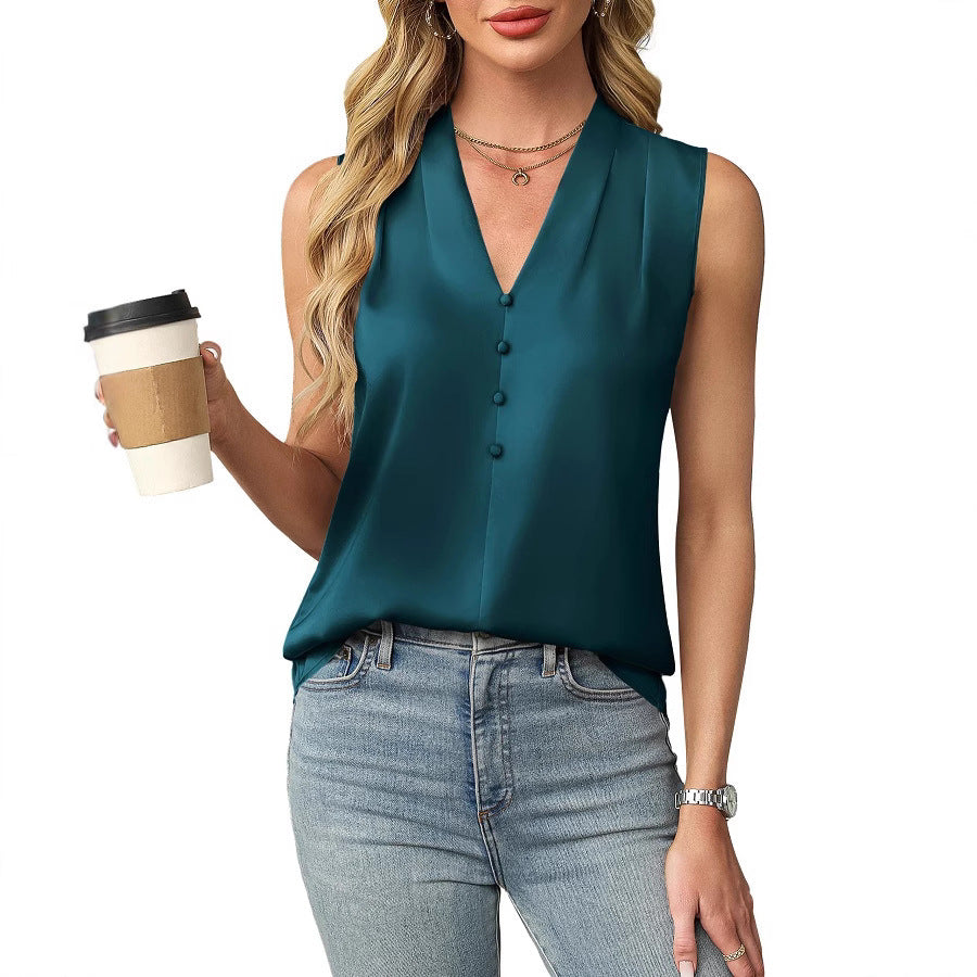 Womens Satin Button V-Neck Sleeveless Top