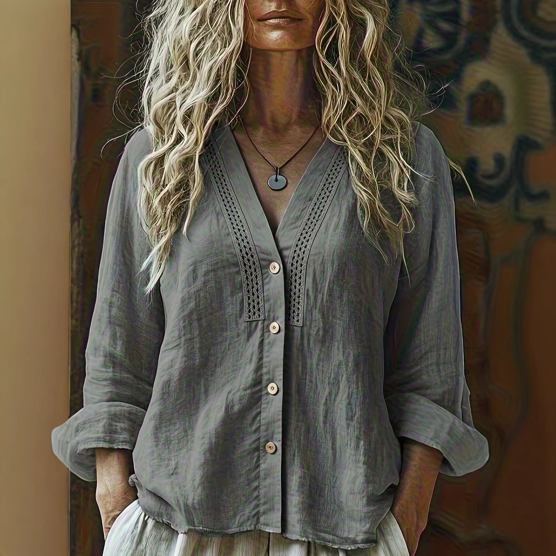 Womens Bohemian V-Neck Linen Shirt