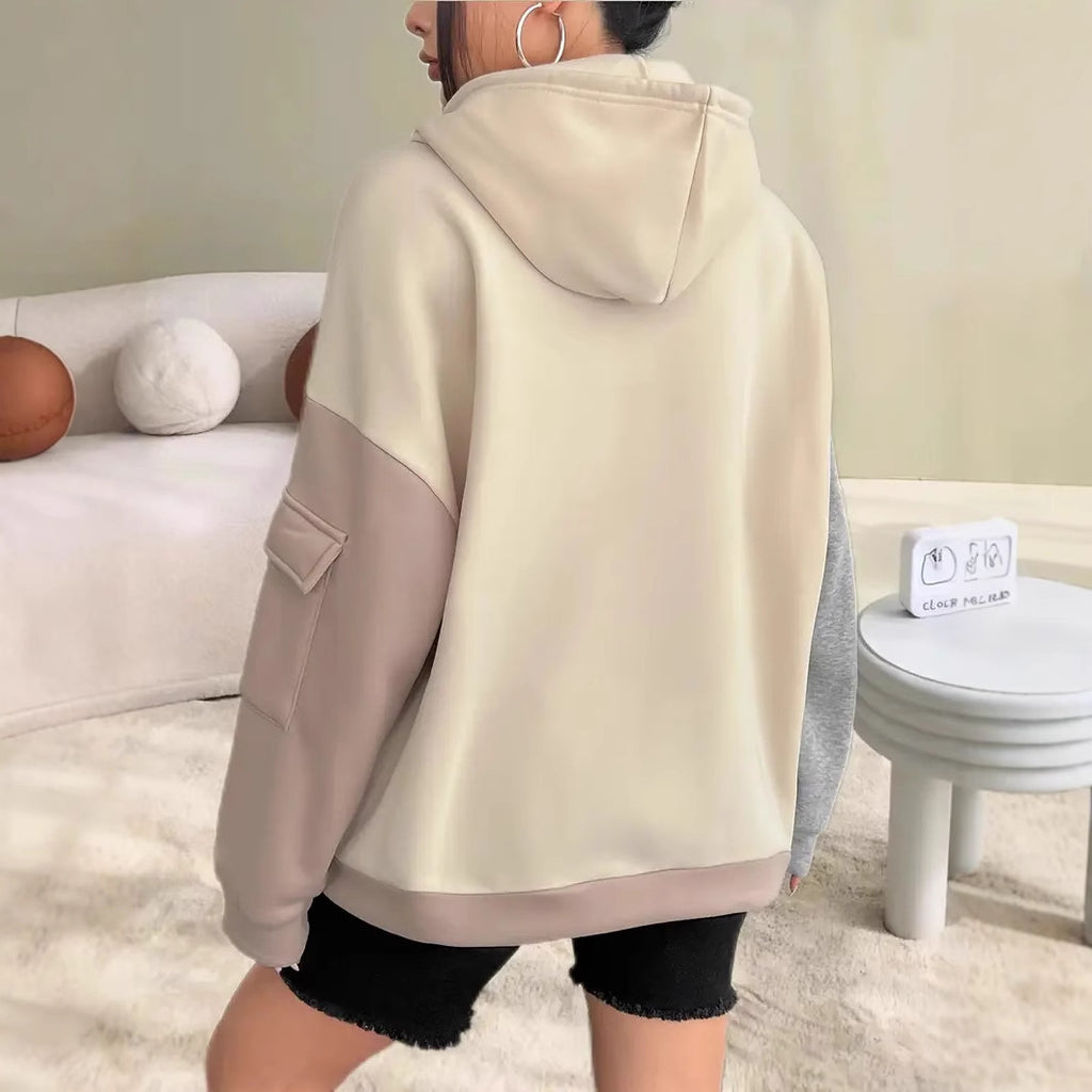 Womens Casual Fashion Color-Block Patchwork Hoodie With Long Sleeves